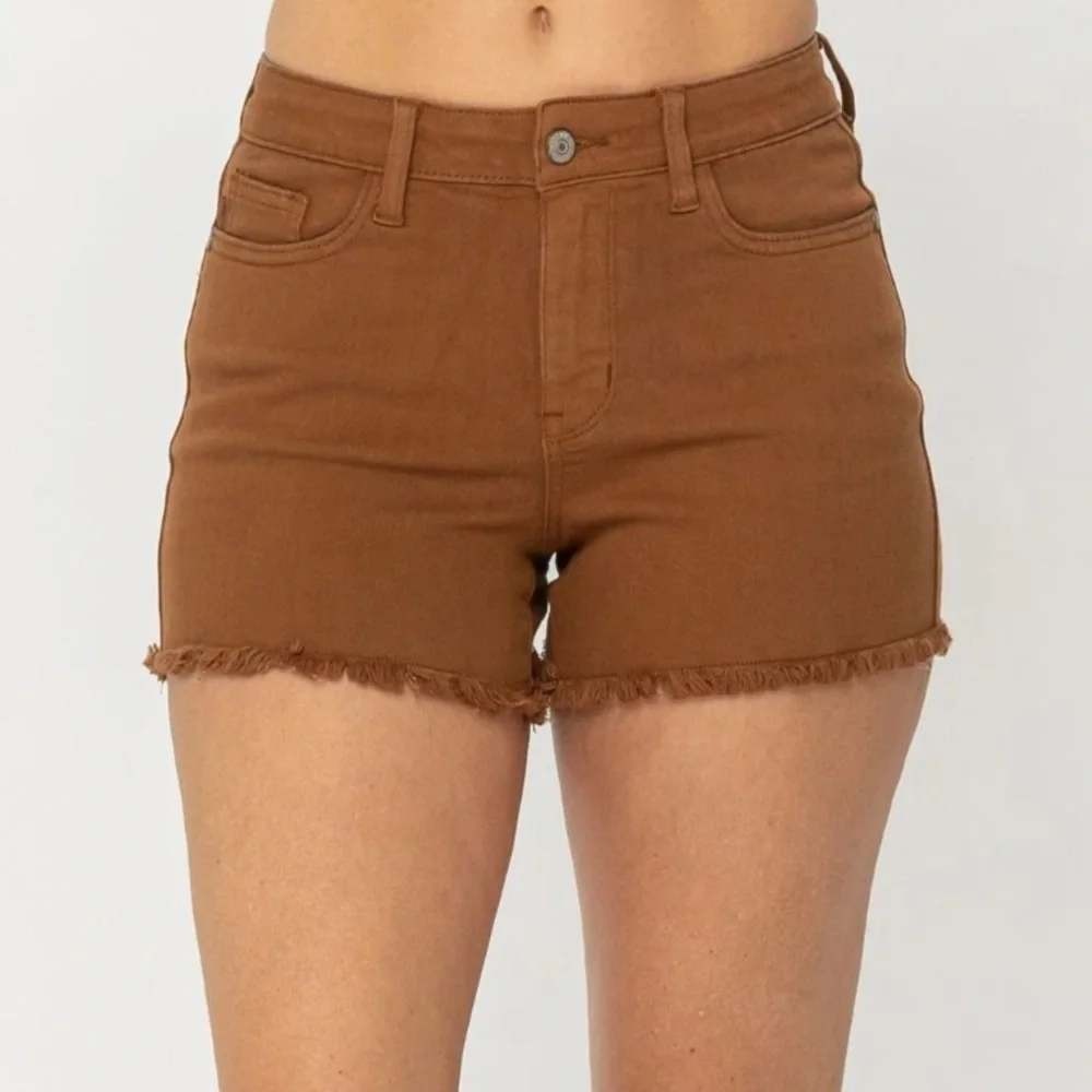 Judy Blue Denim Shorts Womens XL Brown Frayed Hem Casual Boho Western Chic